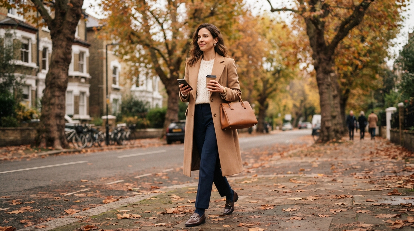 Old money style outfit: camel coat, cable-knit sweater, navy trousers and loafers