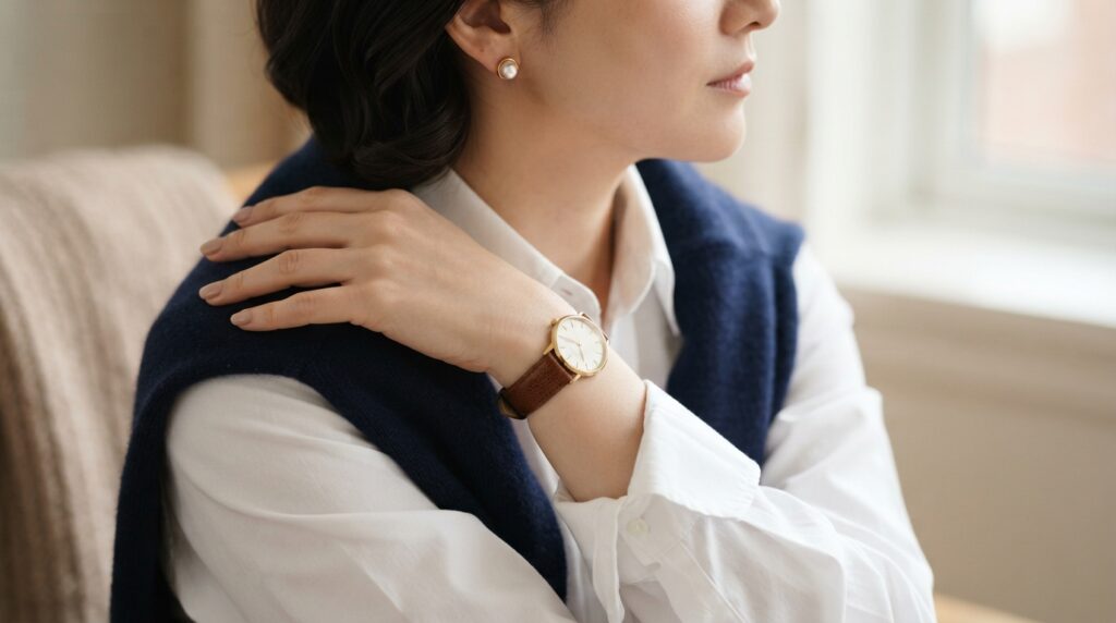 Old money style details: white shirt, gold watch and pearl earrings