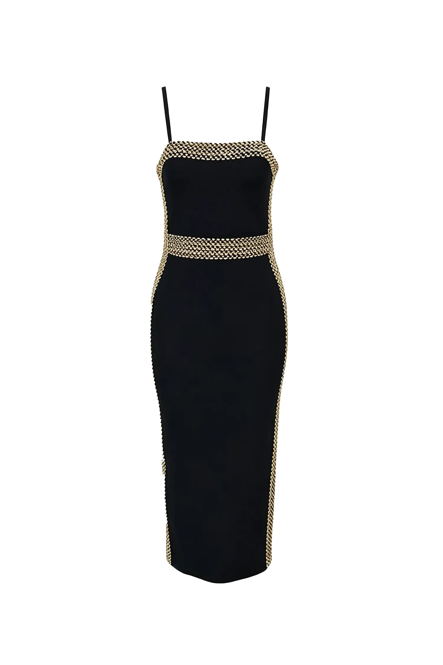 Lestie Minimalist Contour Straight Neck Gold Woven Bandage Midi Dress by Bella Barnett - Image 3
